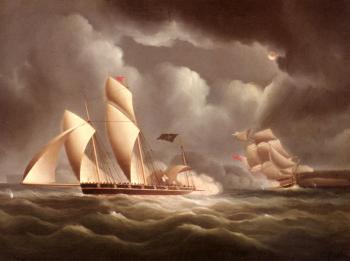 James E Buttersworth : A British Frigate Attacking A Pirate Lugger At Night